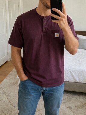 Carhartt Shirt Mens L Red Short Sleeve Henley Pocket Workwear Loose Tee K84